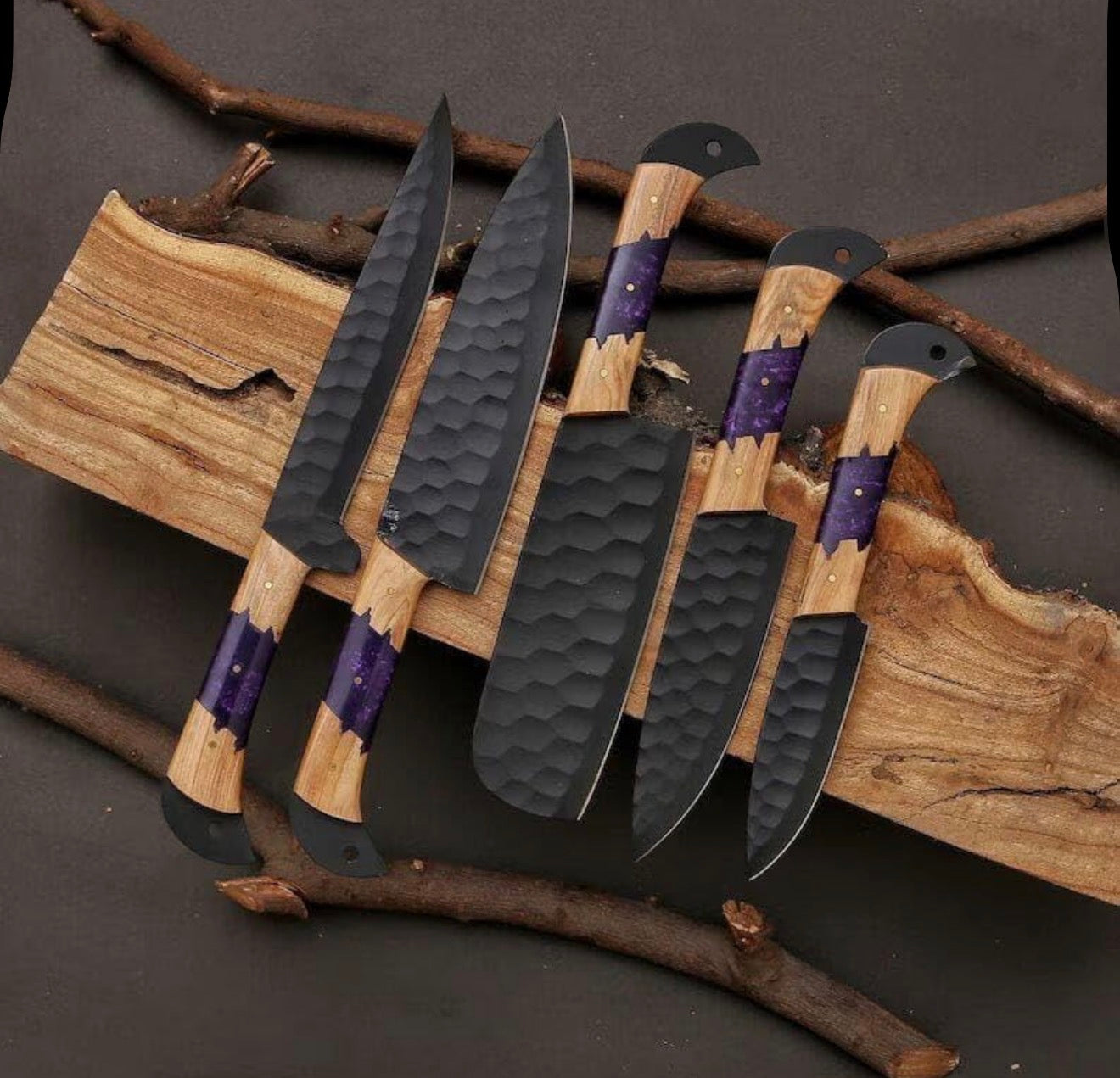Handmade Damascus Kitchen Knives with Leather Roll