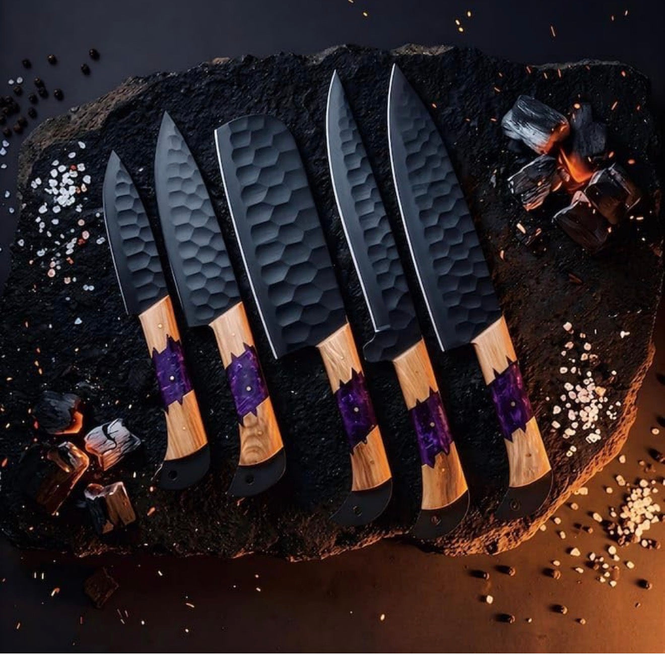 Handmade Damascus Kitchen Knives with Leather Roll