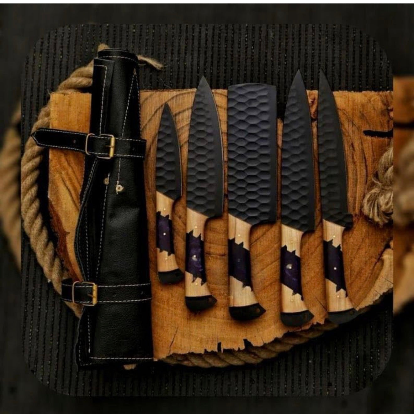 Handmade Damascus Kitchen Knives with Leather Roll
